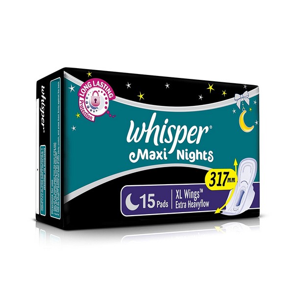 Whisper Maxi Nights Extra Heavy Flow Sanitary Napkin XLWings15 pads